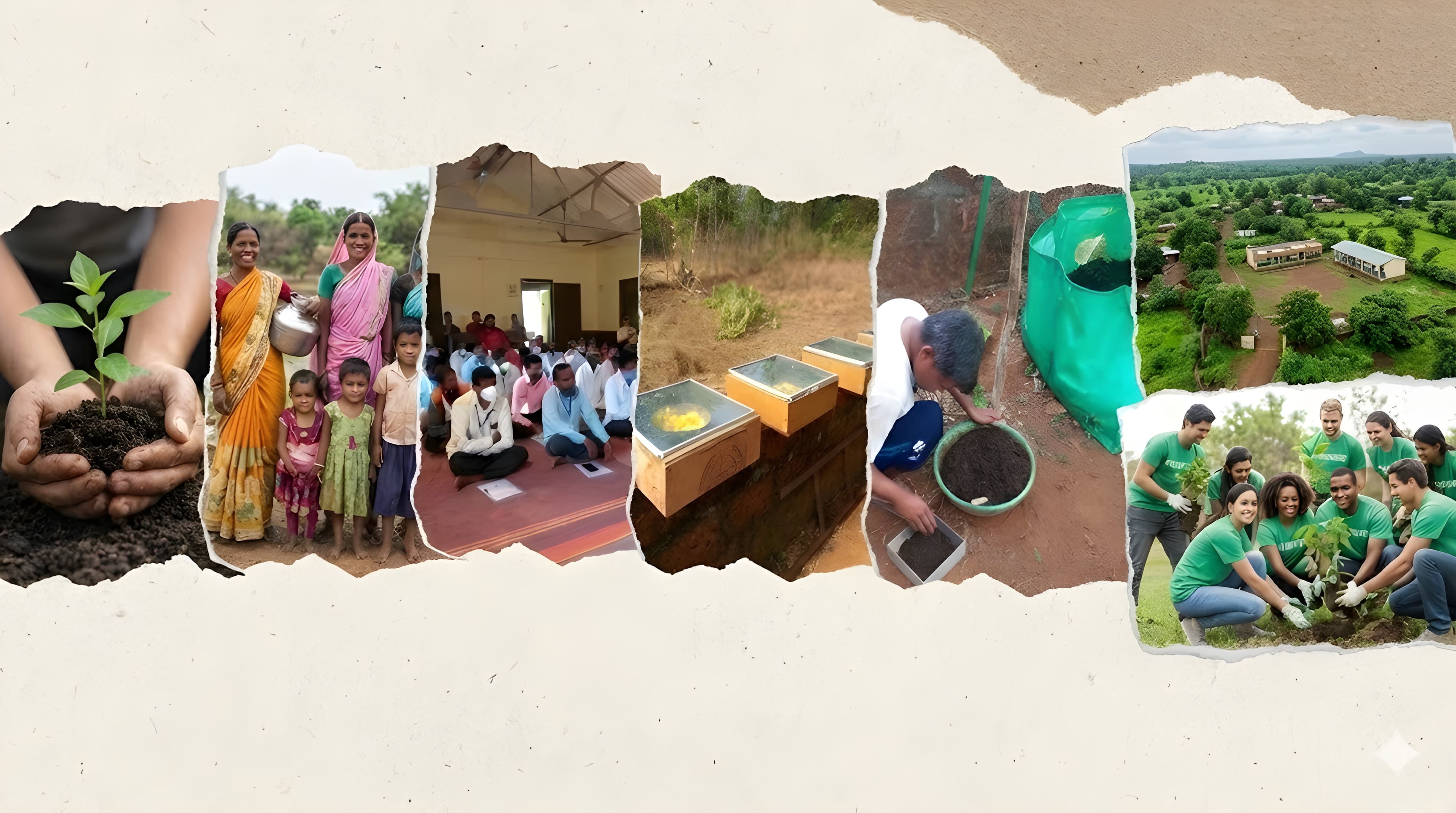 Collage showing various activities performed by Devrai Vidnyan Ashram NGO.